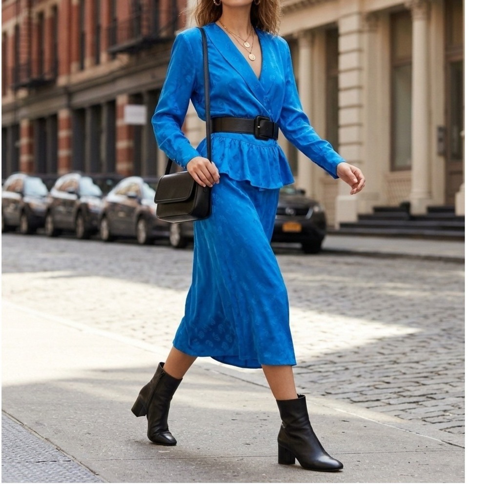 Vintage Argenti Blue 100% Silk 2 Pc Midi Skirt Set Wrap Peplum Top 12 Bold Suit